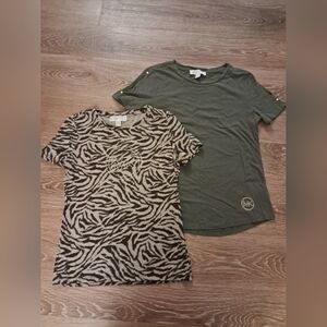 Michael Kors Zebra Tiger Print Tee + Olive Tee Gold Rhinestones Logo S/M